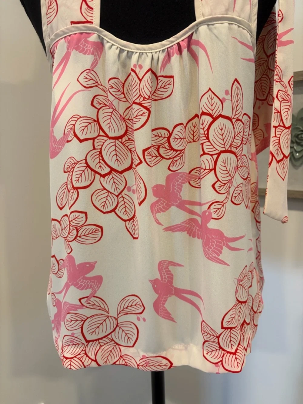 Anthropologie Maeve Cream/Red/Pink Bird & Leaf Print Bow Blouse EUC - Picture 12 of 16